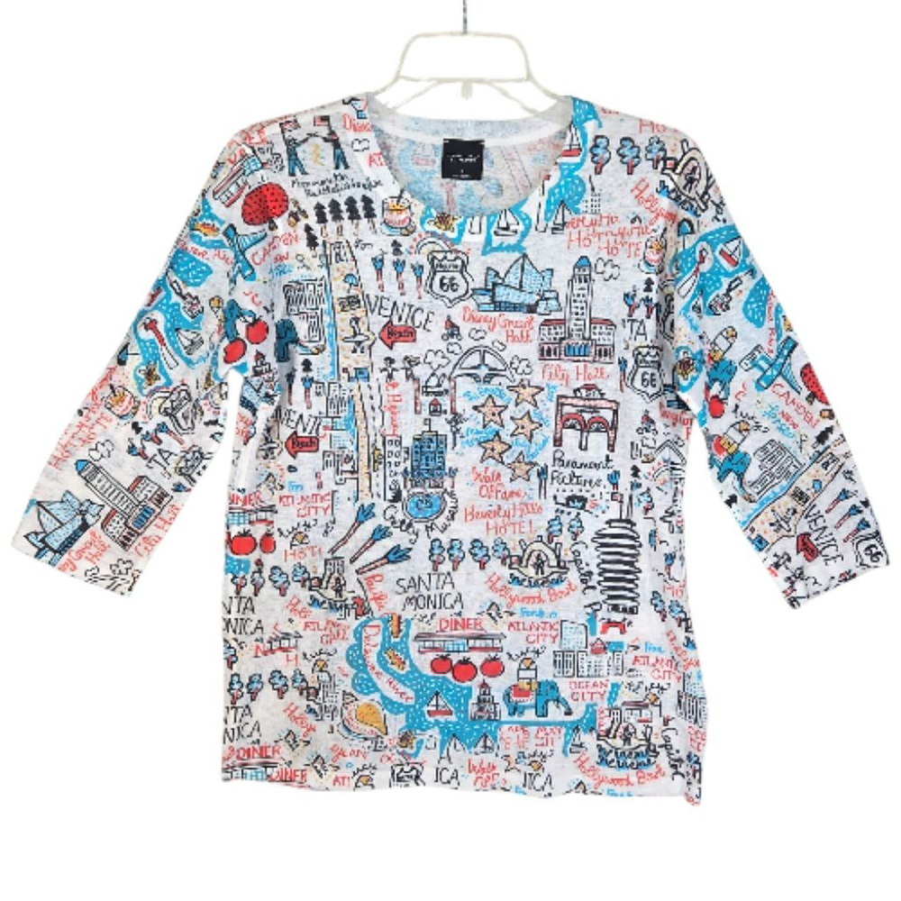 Inoah Wearable Art Soft Knit 3/4 Sleeve Lightweight Sweater City Theme Small